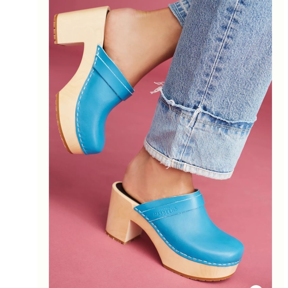 Swedish Hasbeens Louise Platform Clogs Teal Size 41